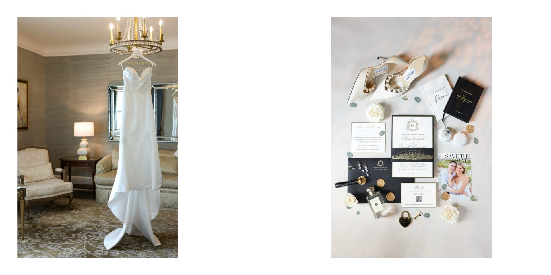 NJ Weddings Wedding gown hanging from a chandelier in a sitting room and a flat lay of invitations, shoes and vow book