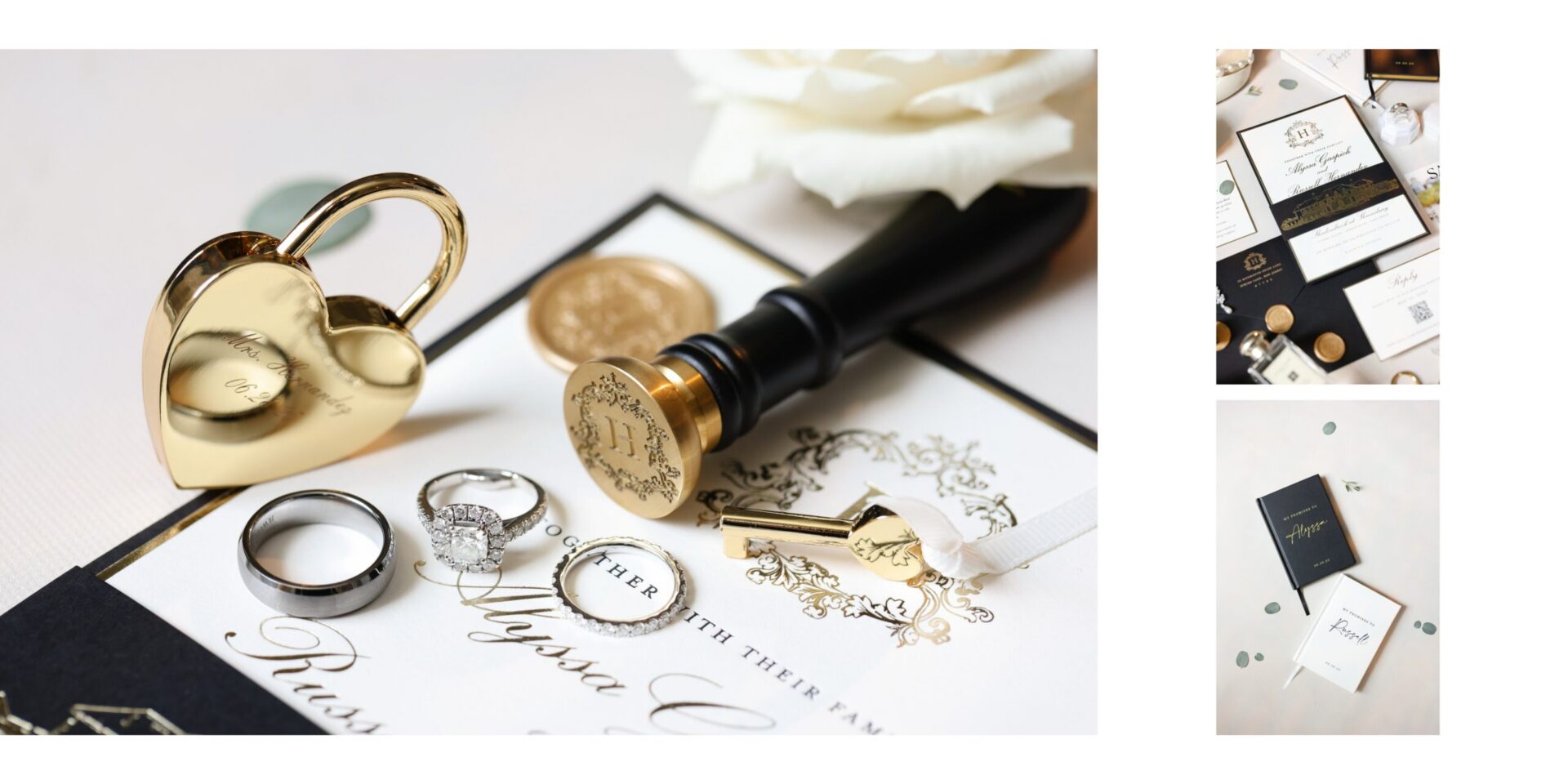 NJ Weddings Gold heart padlock, wedding bands and wax seal on a black and gold invitation, with two flat lays